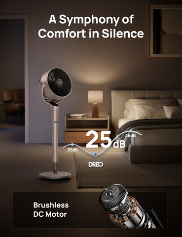 Dreo Smart Fan silent operation shot, emphasizing near-quiet performance.