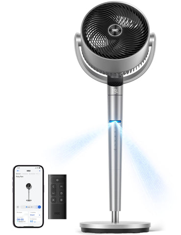 DREO smart fan in a bedroom, standing for comfortable airflow all night.