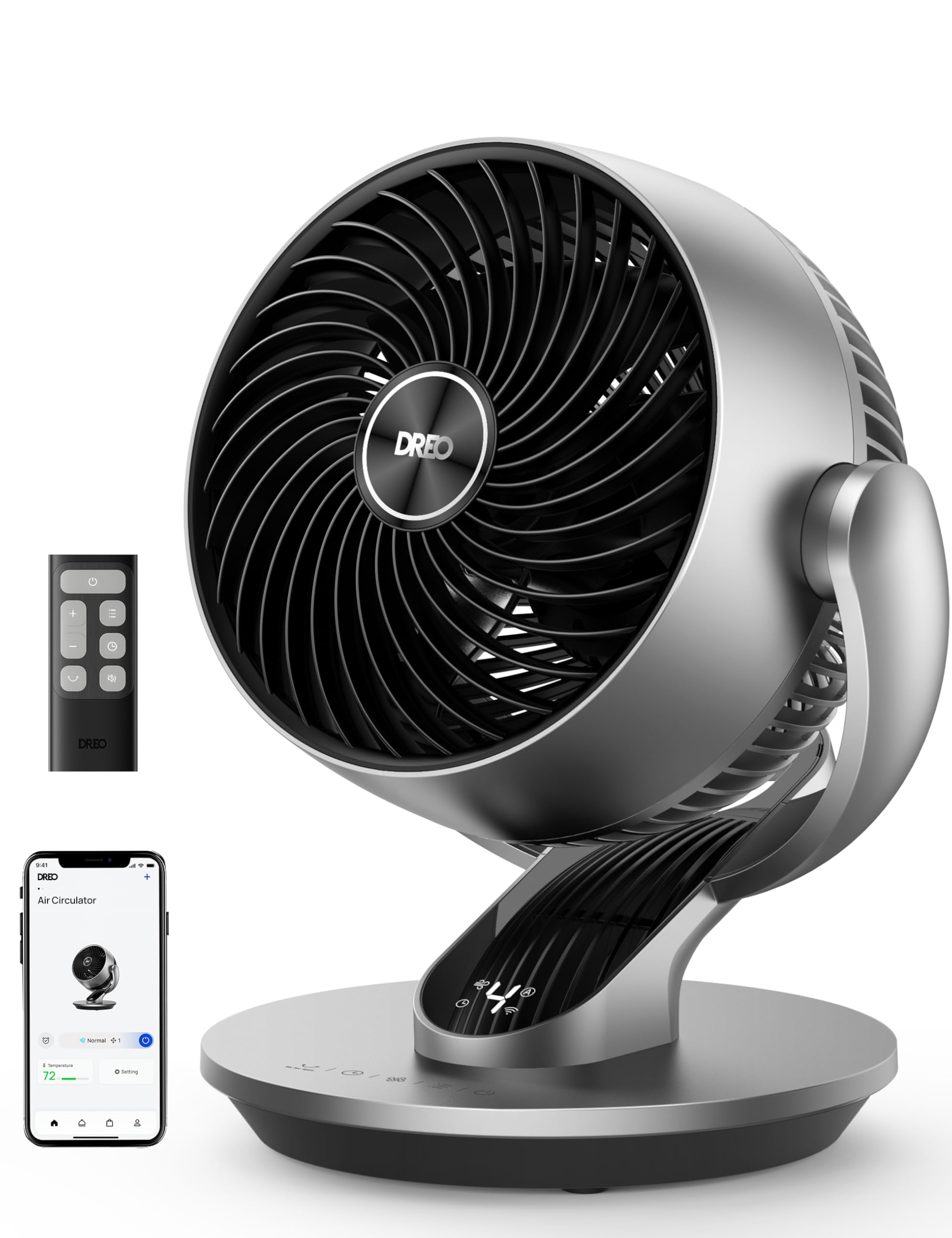 DREO smart fan front view highlighting compact footprint for whole-room cooling