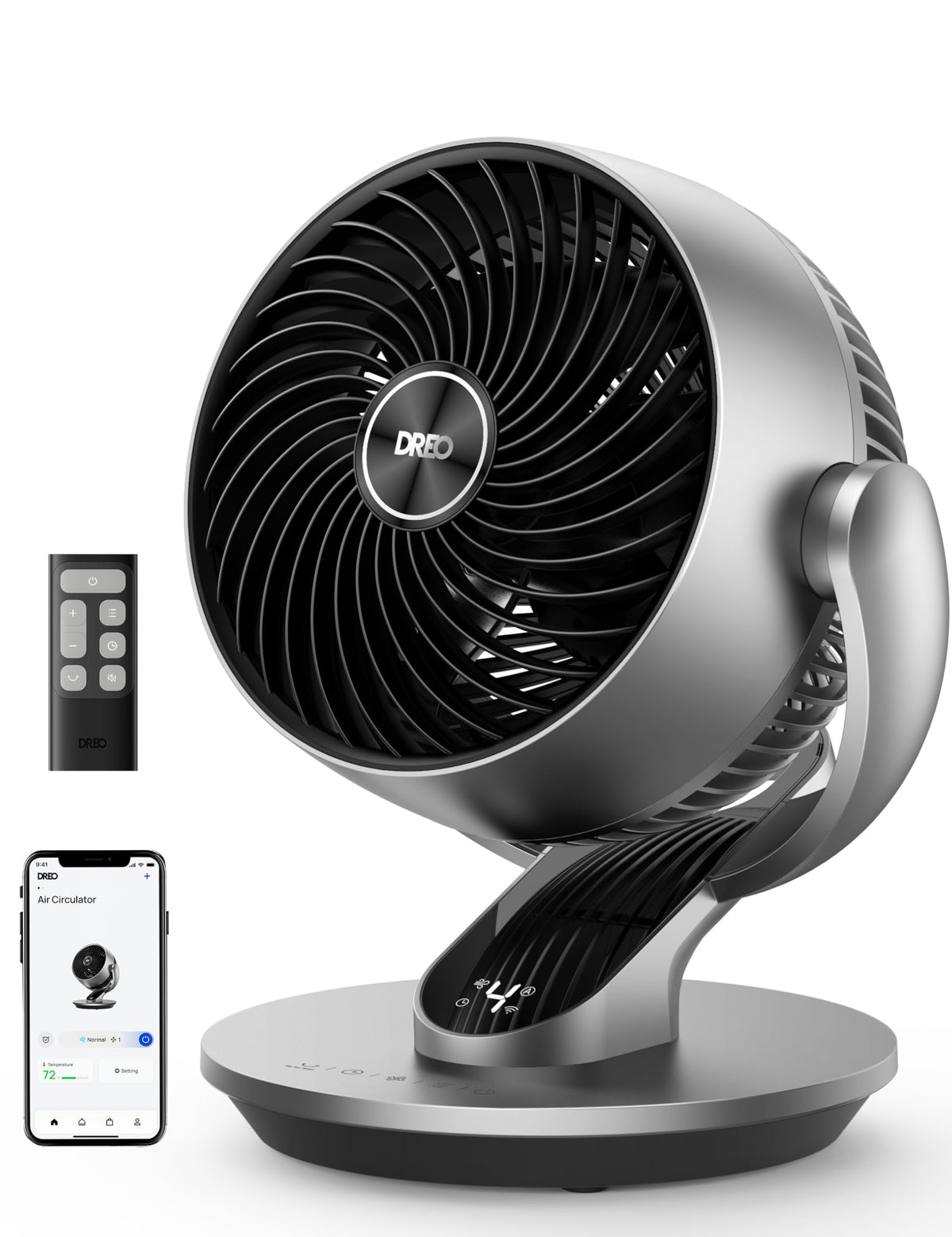 DREO smart fan front view highlighting compact footprint for whole-room cooling