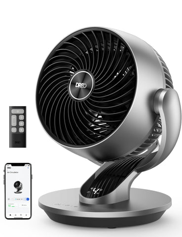 DREO smart fan front view highlighting compact footprint for whole-room cooling