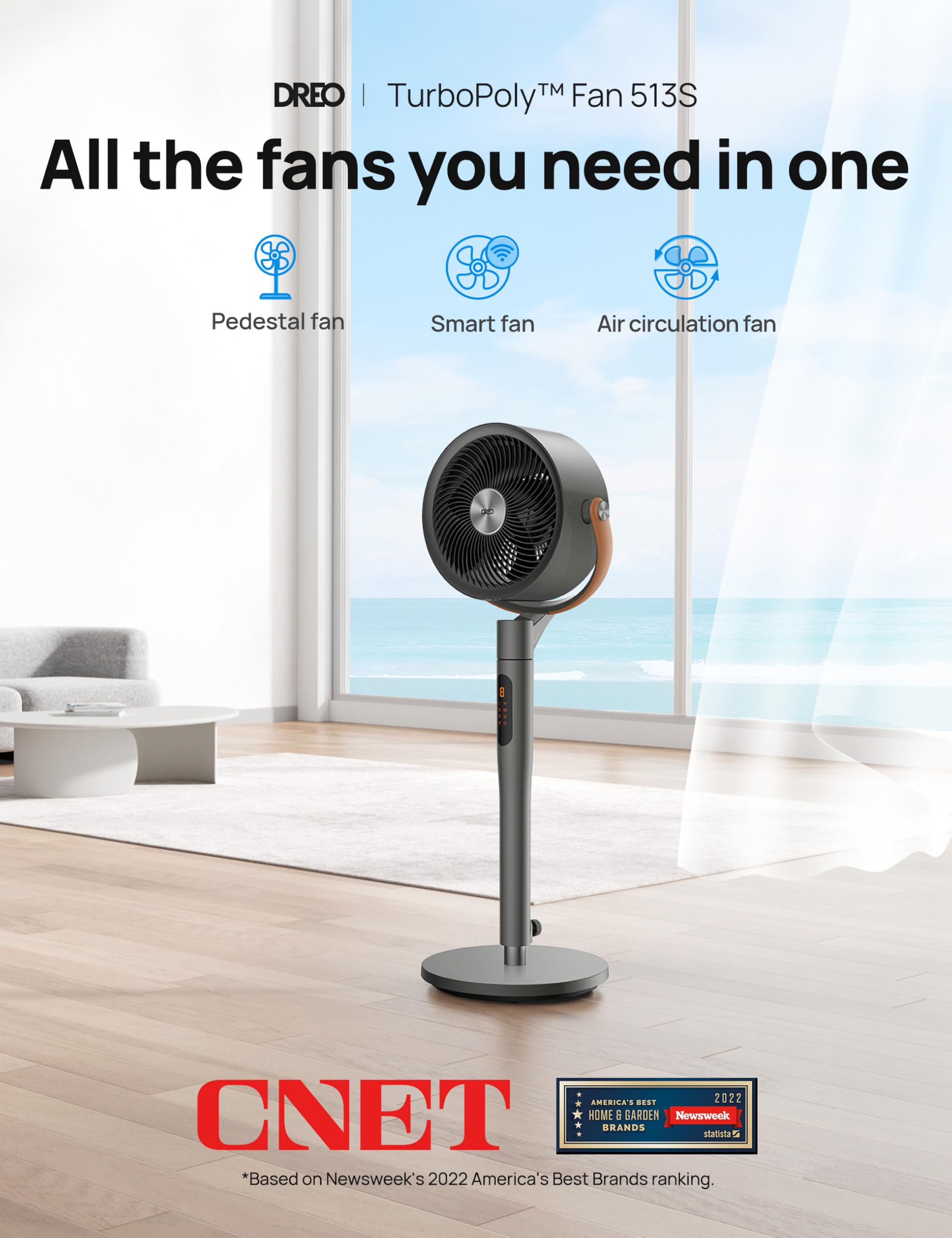 DREO Smart Fan height adjustable from 37 to 43 inches for versatile placement