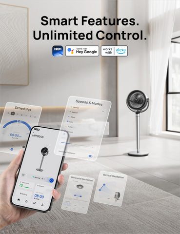 DREO Smart Fan omni-oscillation for wide horizontal and vertical airflow.