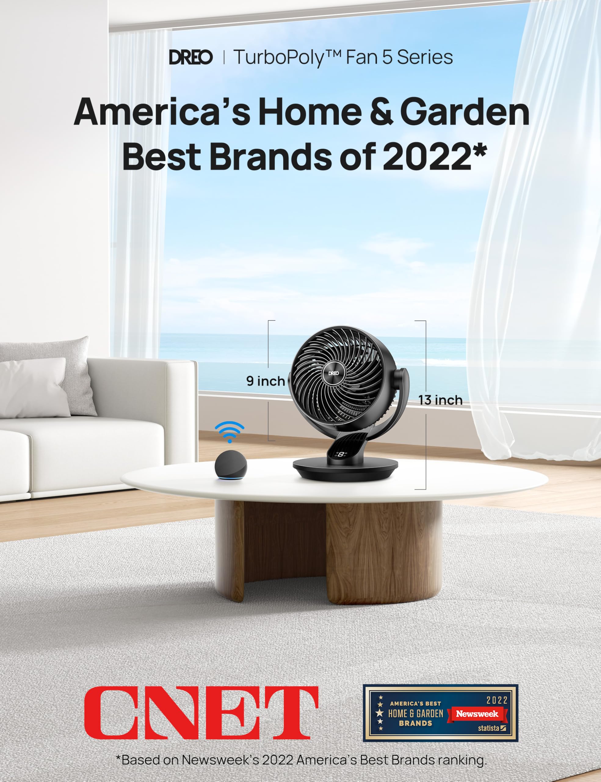 DREO smart fan oscillation at 90 degrees distributes air across the room.