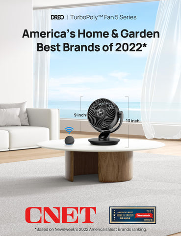 DREO smart fan oscillation at 90 degrees distributes air across the room.