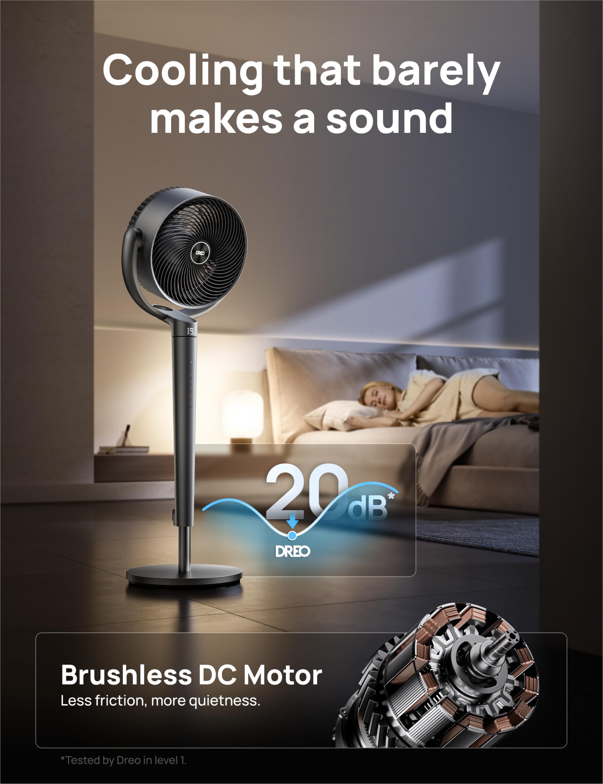 DREO fan whisper-quiet operation at 20 dB for undisturbed rest.
