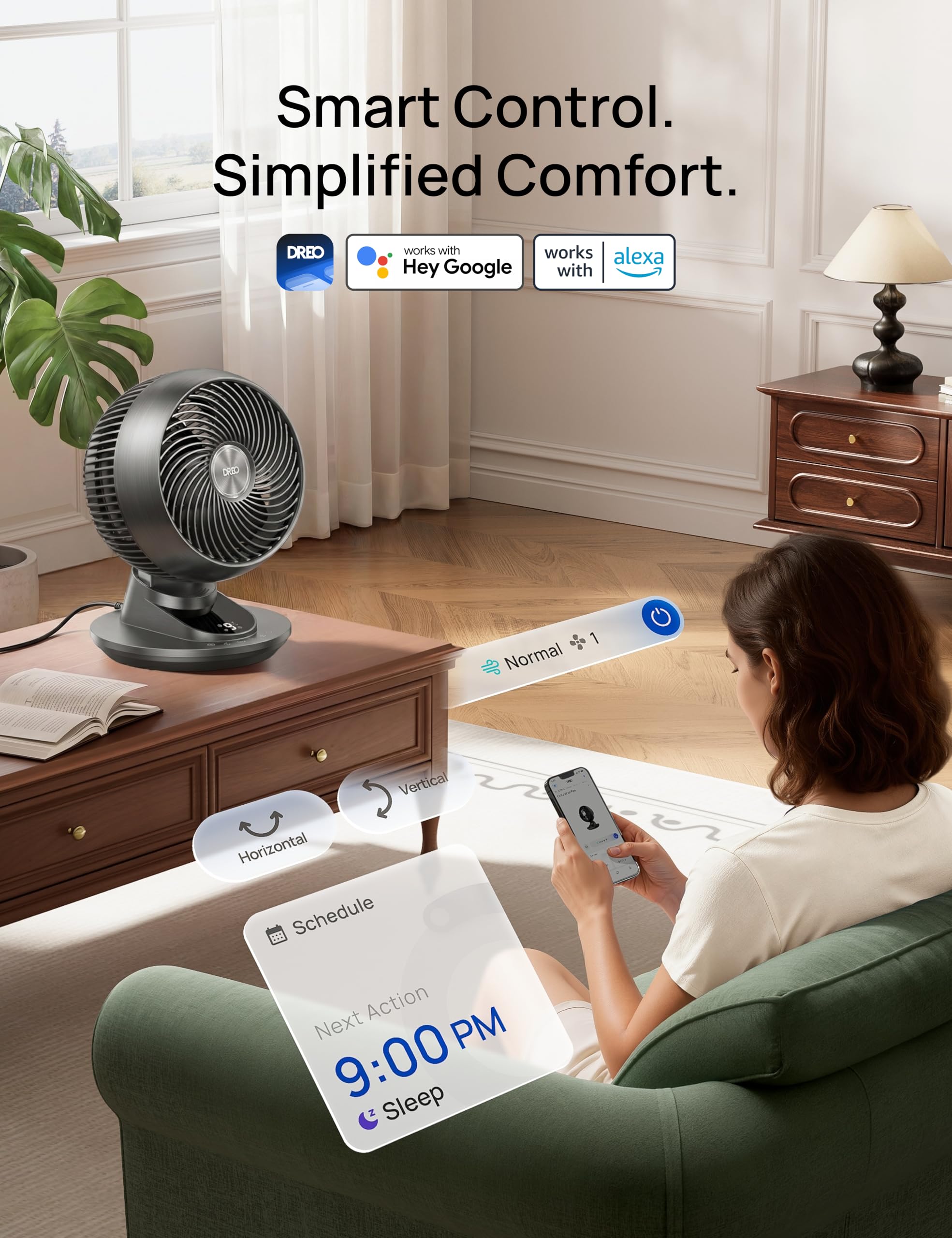 DREO Smart Fan with 9 speeds and 12 hour timer for tailored comfort.