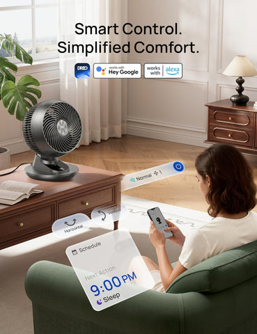 DREO Smart Fan with 9 speeds and 12 hour timer for tailored comfort.