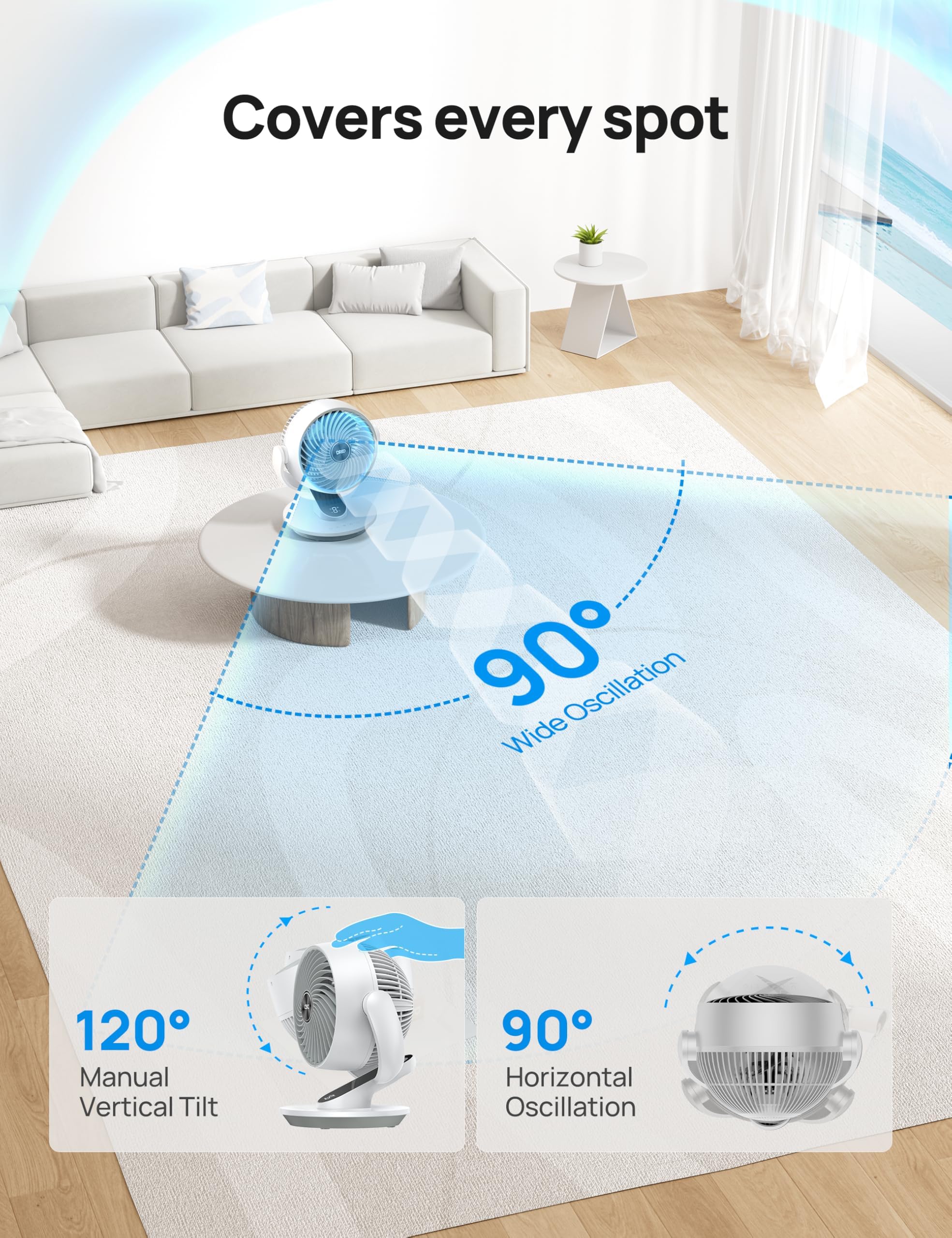DREO smart fan with voice control enables hands-free cooling throughout the room.