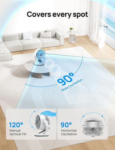 DREO smart fan with voice control enables hands-free cooling throughout the room.