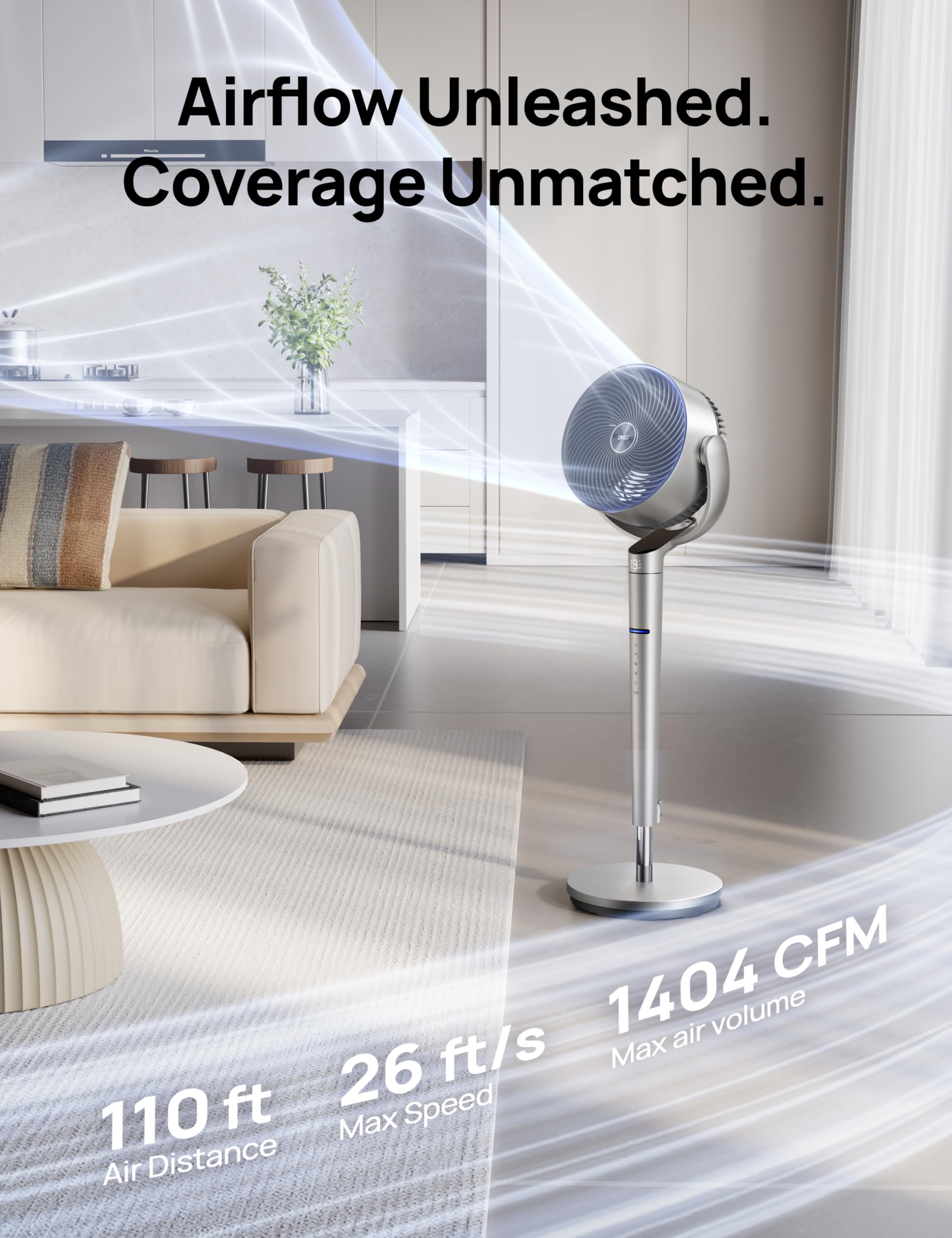 DREO fan with Wi-Fi and remote control for effortless comfort.