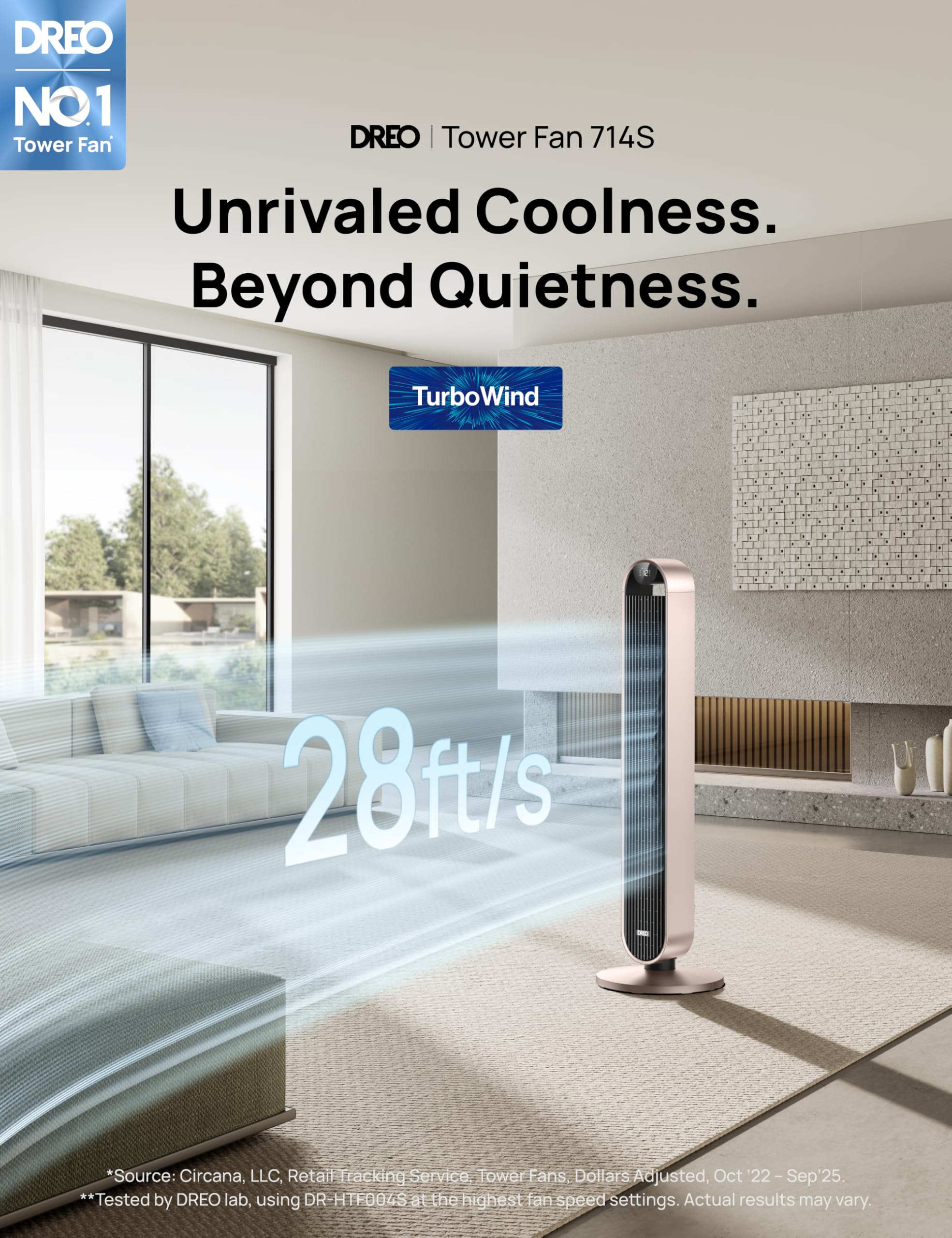 DREO tower fan demonstrating 120-degree oscillation for even airflow