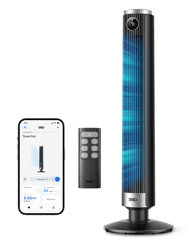 DREO smart tower fan at adjustable 40-45 inch height for versatile bedroom cooling.