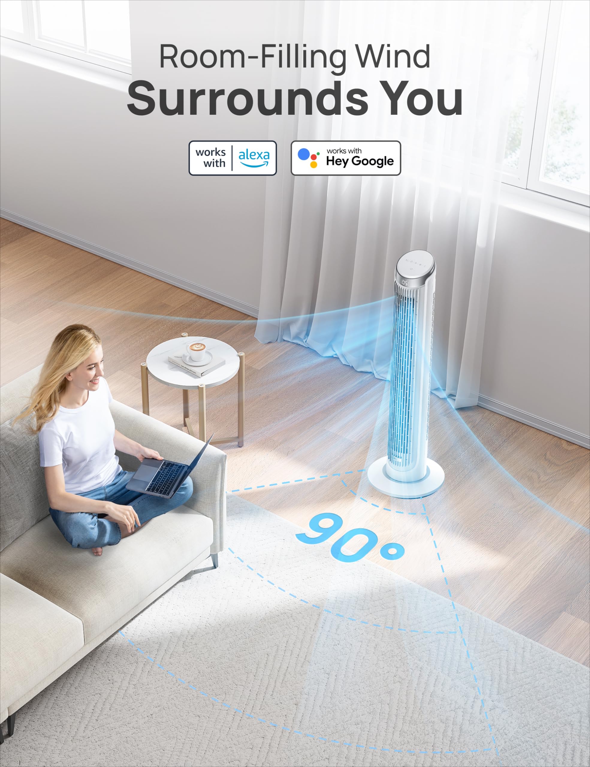 DREO Smart Tower Fan demonstrating 90-degree oscillation coverage.