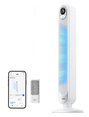 DREO smart tower fan front view with bladeless design for quiet bedroom cooling