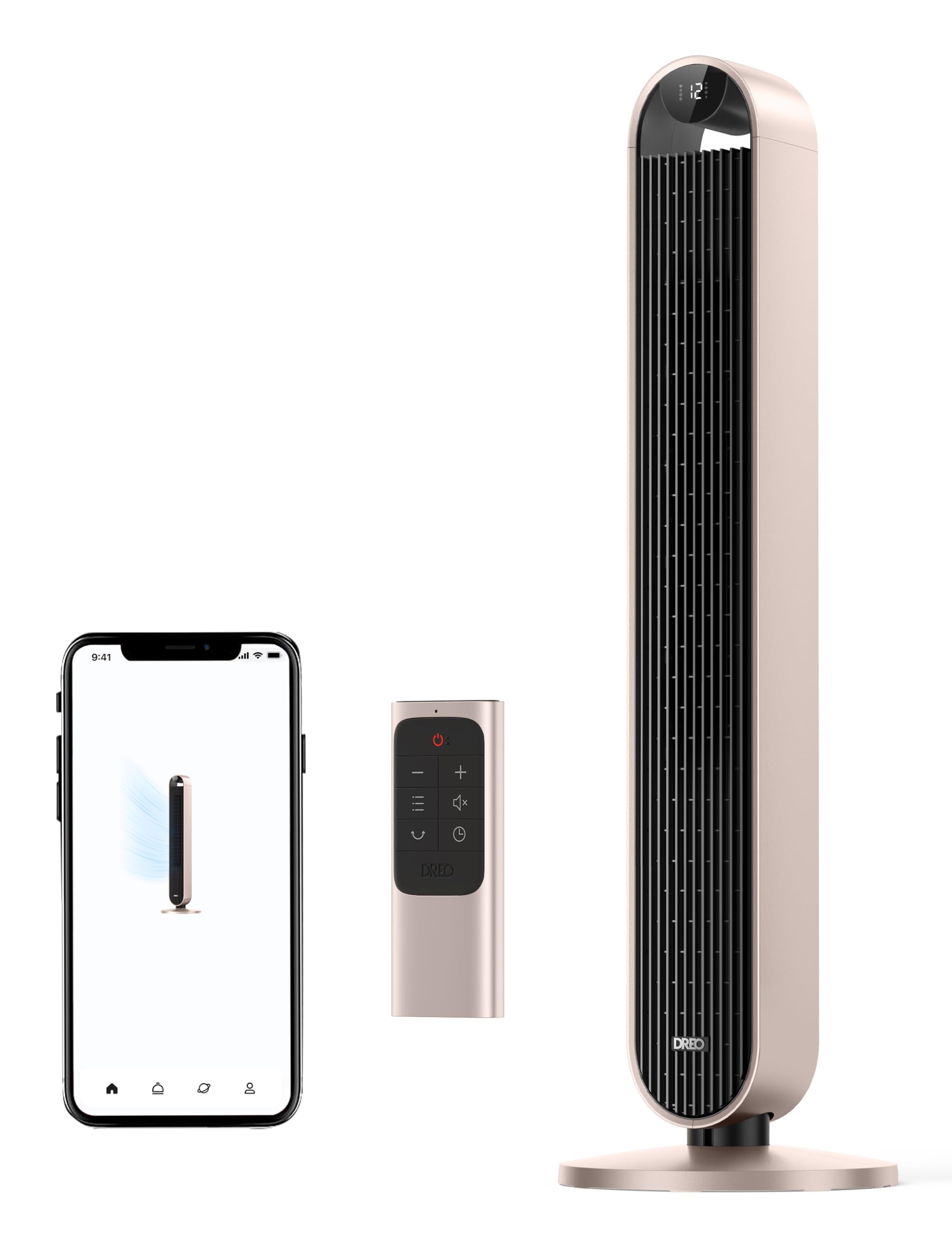 DREO smart tower fan front view for compact, powerful cooling