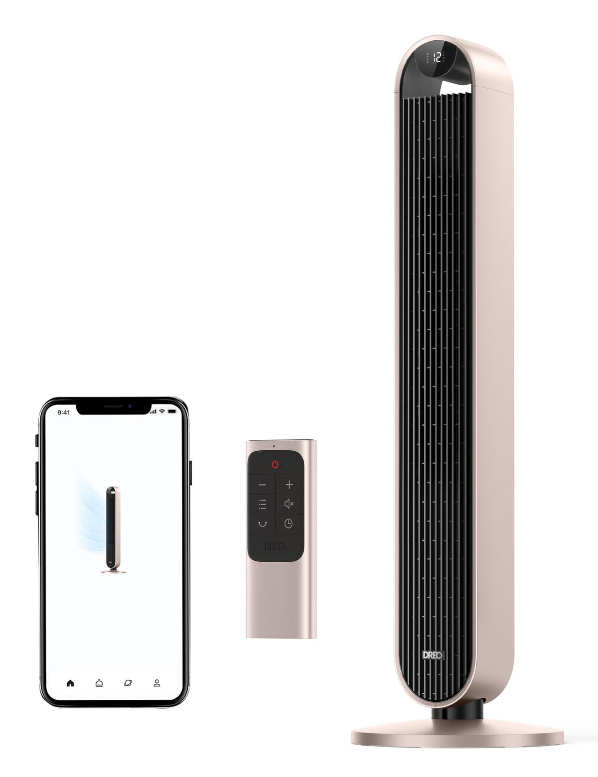 DREO smart tower fan front view for compact, powerful cooling