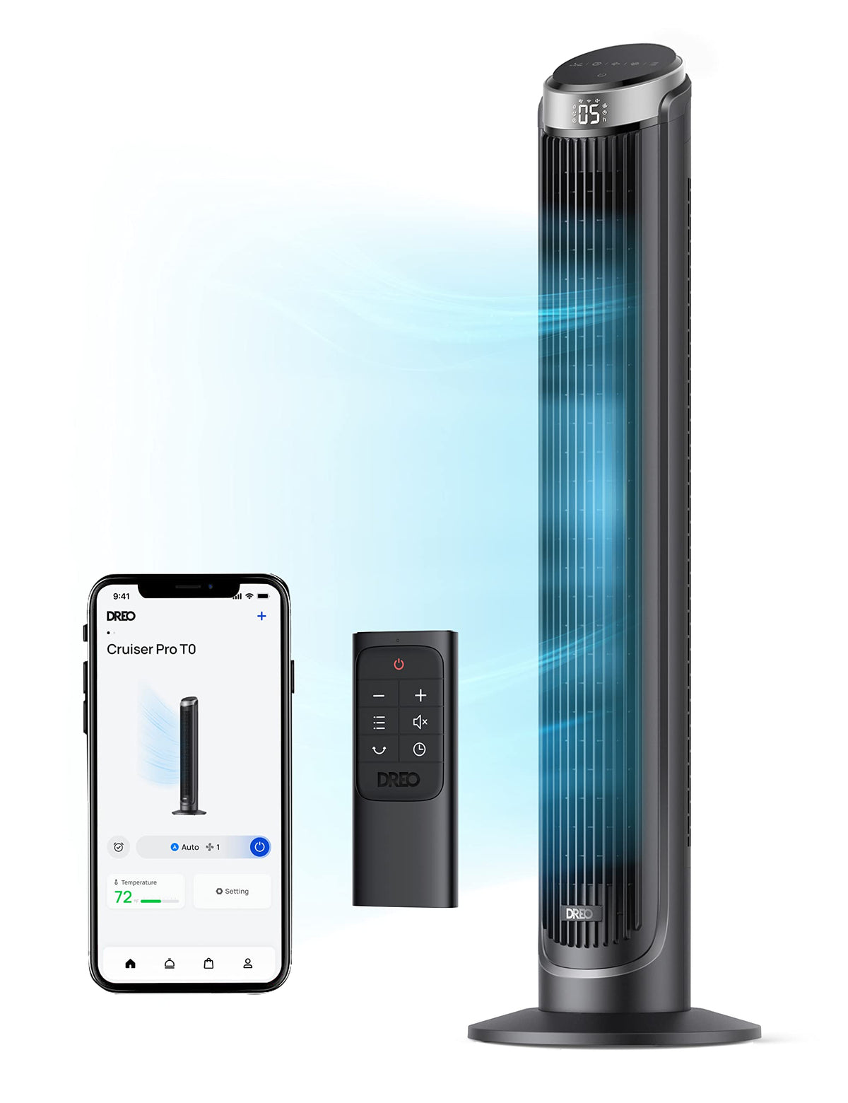 DREO Smart Tower Fan front view delivers a powerful bedroom breeze