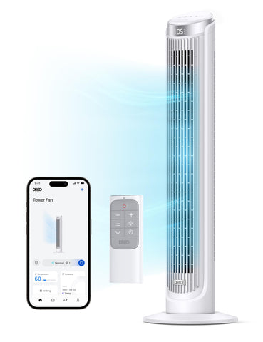 DREO Smart Tower Fan front view showing quiet airflow across the room.