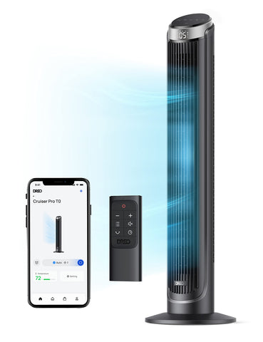 DREO Smart Tower Fan front view delivers a powerful bedroom breeze