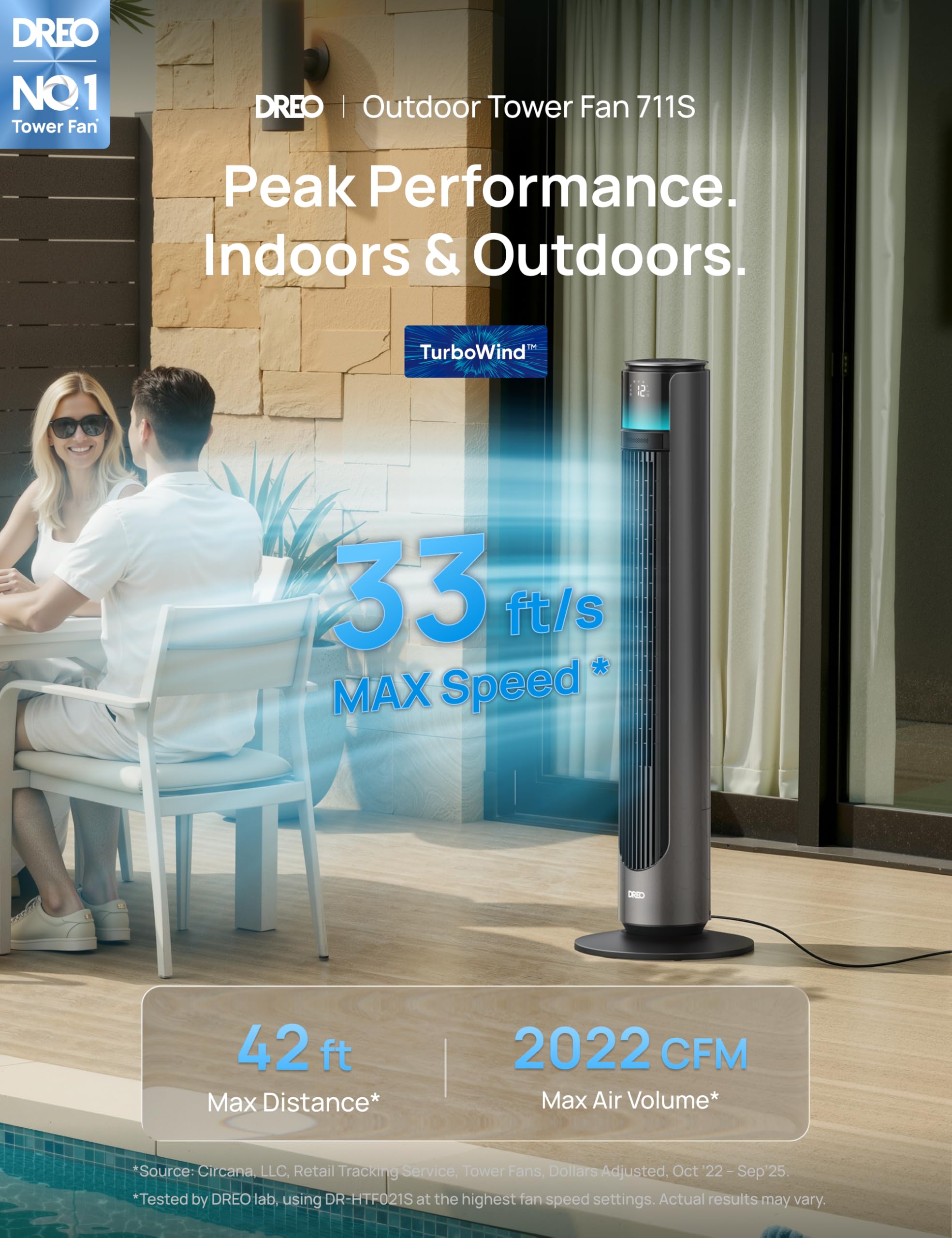 DREO fan suitable for indoor and outdoor use on patios and living spaces.