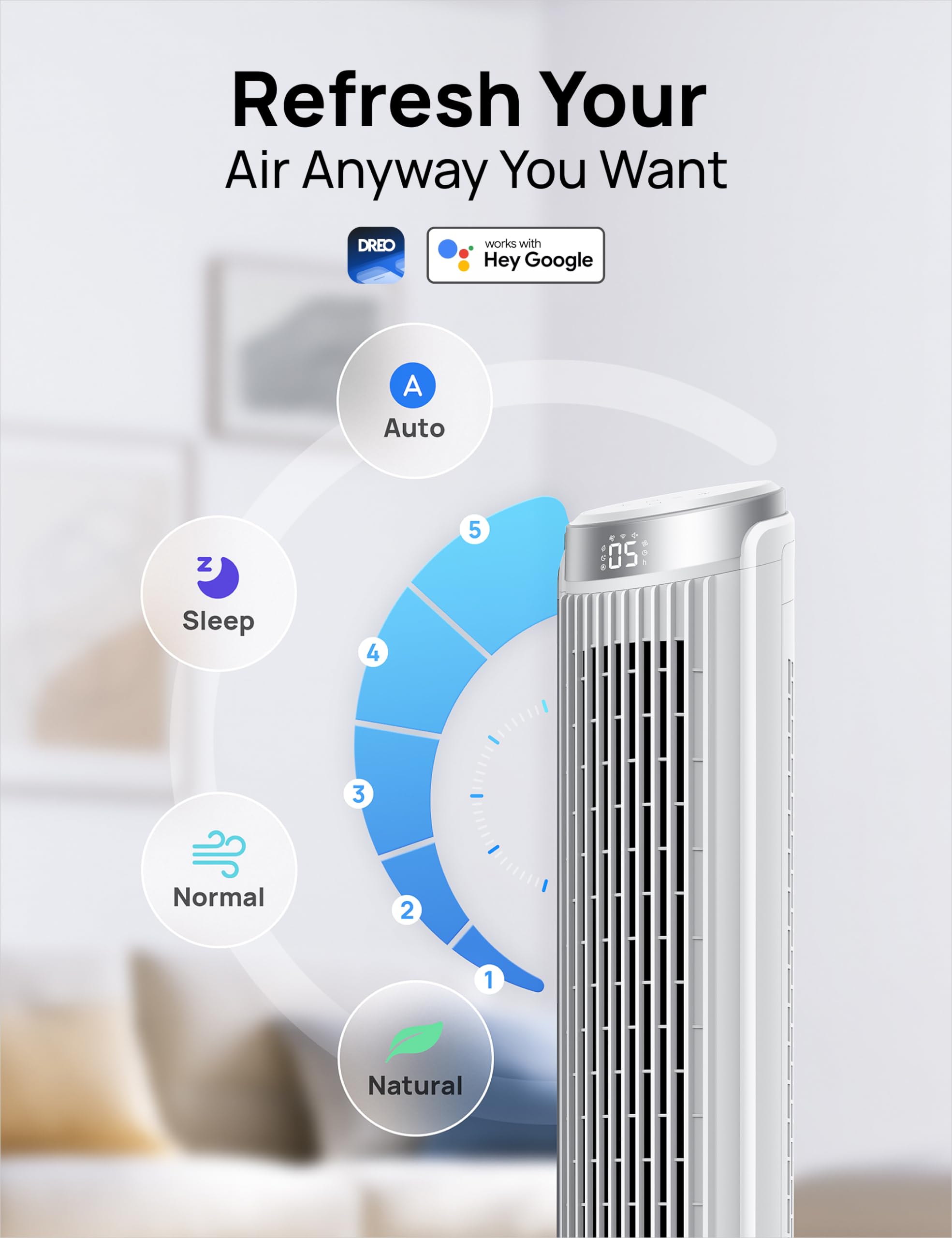 DREO Smart Tower Fan in a living room with timer display.