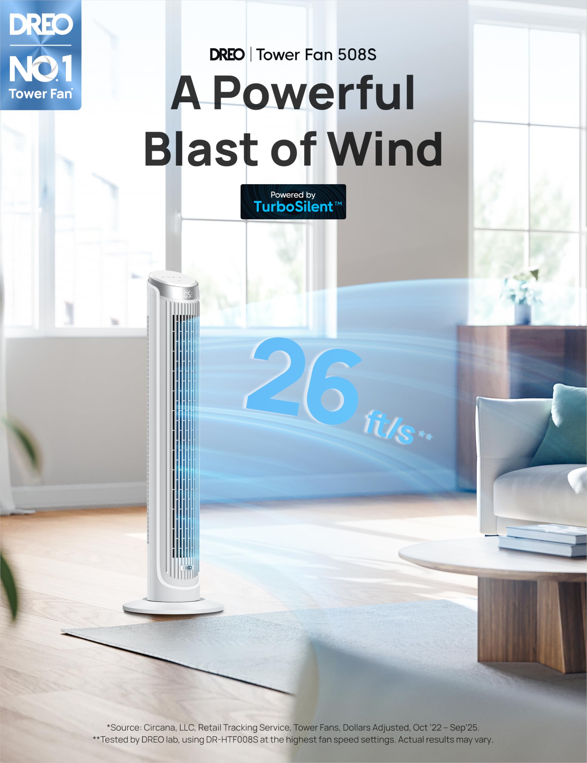 DREO Smart Tower Fan with remote control for easy bedroom cooling.