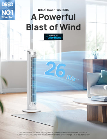 DREO Smart Tower Fan with remote control for easy bedroom cooling.