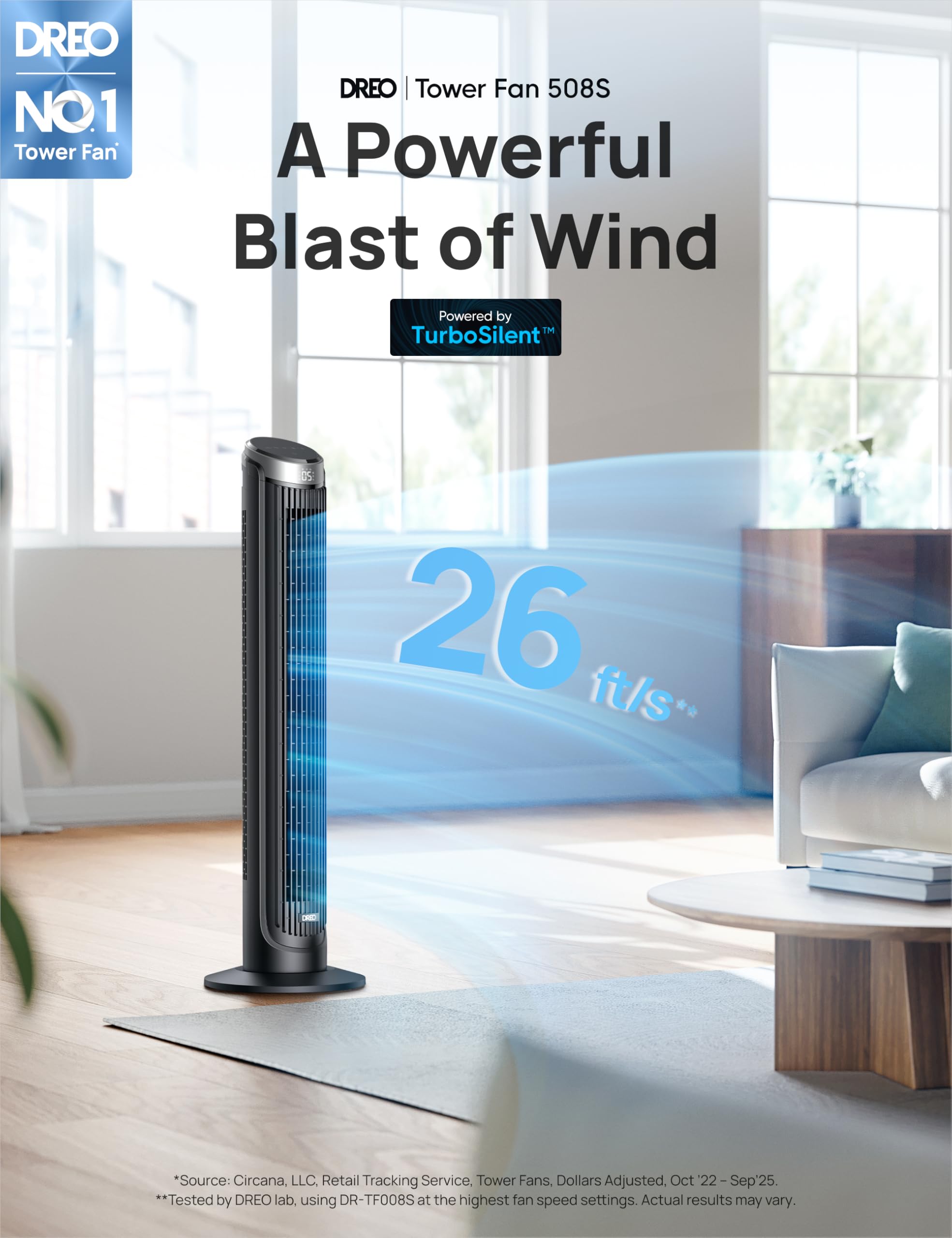 DREO Smart Tower Fan side view highlights slim footprint for compact rooms