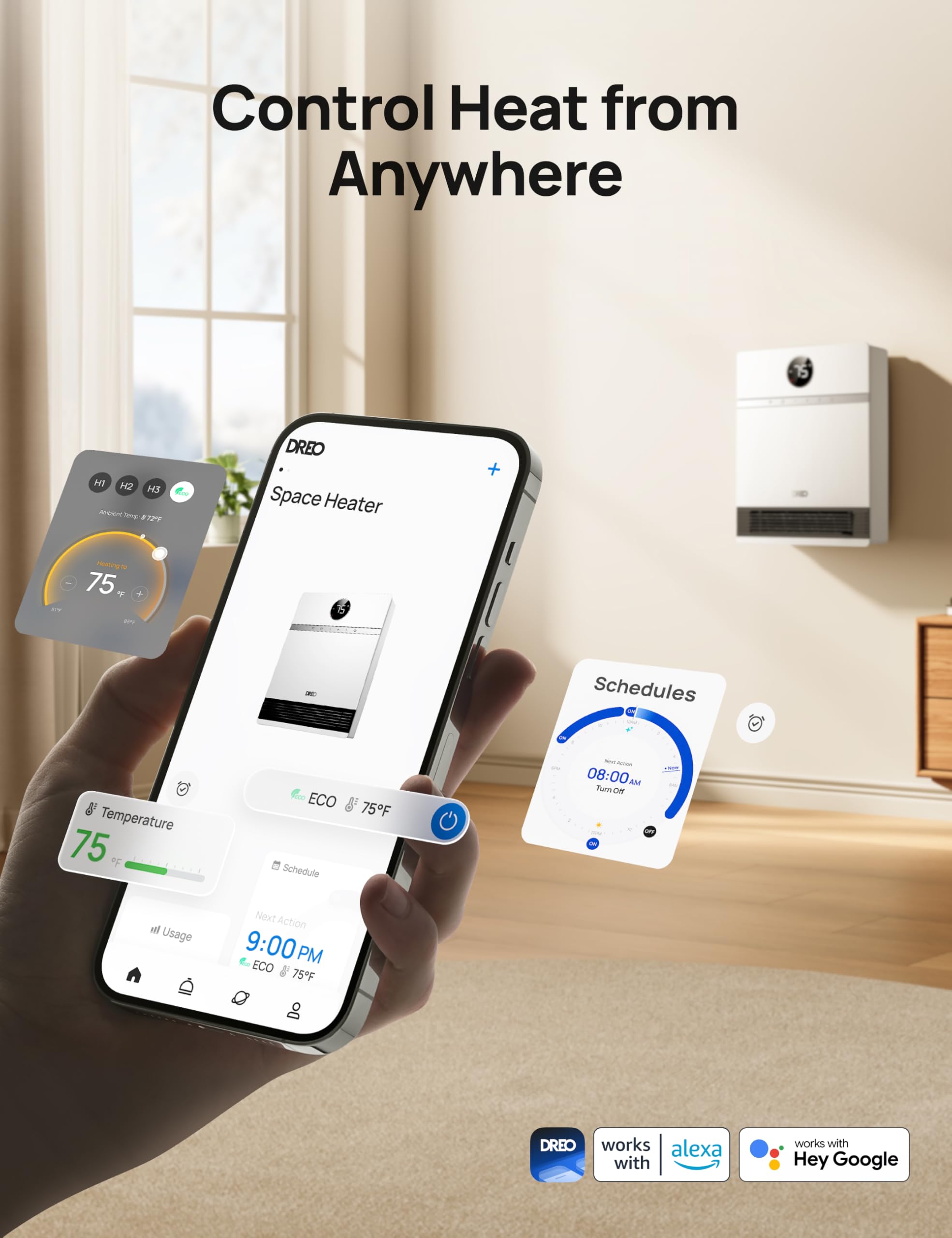 DREO 30-degree adjustment demonstrates directed airflow for targeted warmth