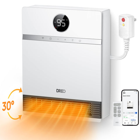 DREO smart wall heater in bathroom front view showing compact design and space-saving placement