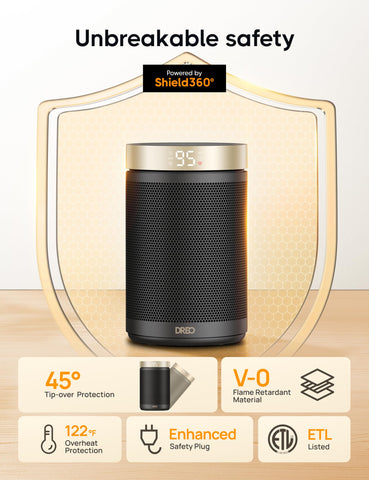 DREO space heater displaying 12-hour timer for scheduled heating.