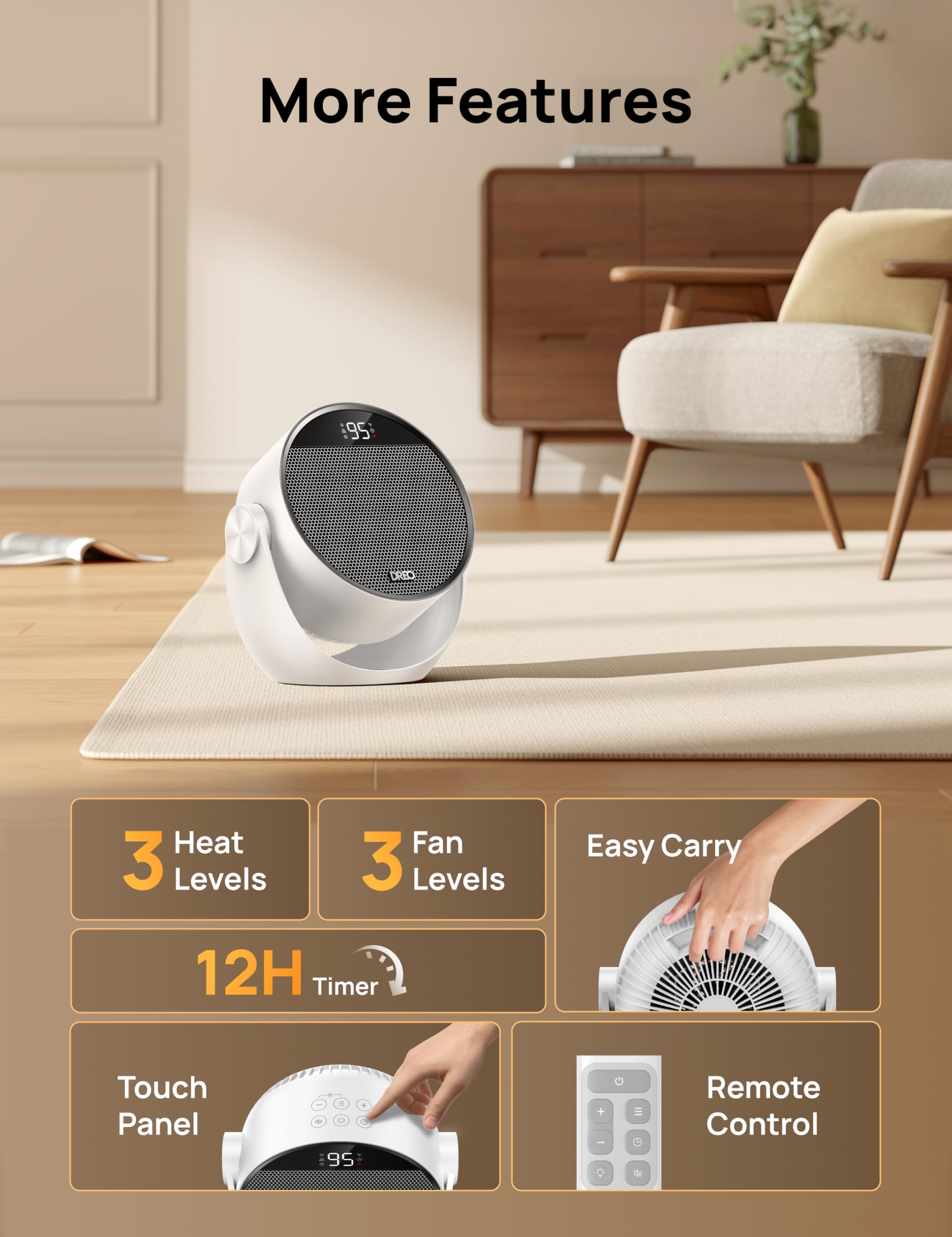 DREO bedroom setup shows cozy warmth without noise or disturbance