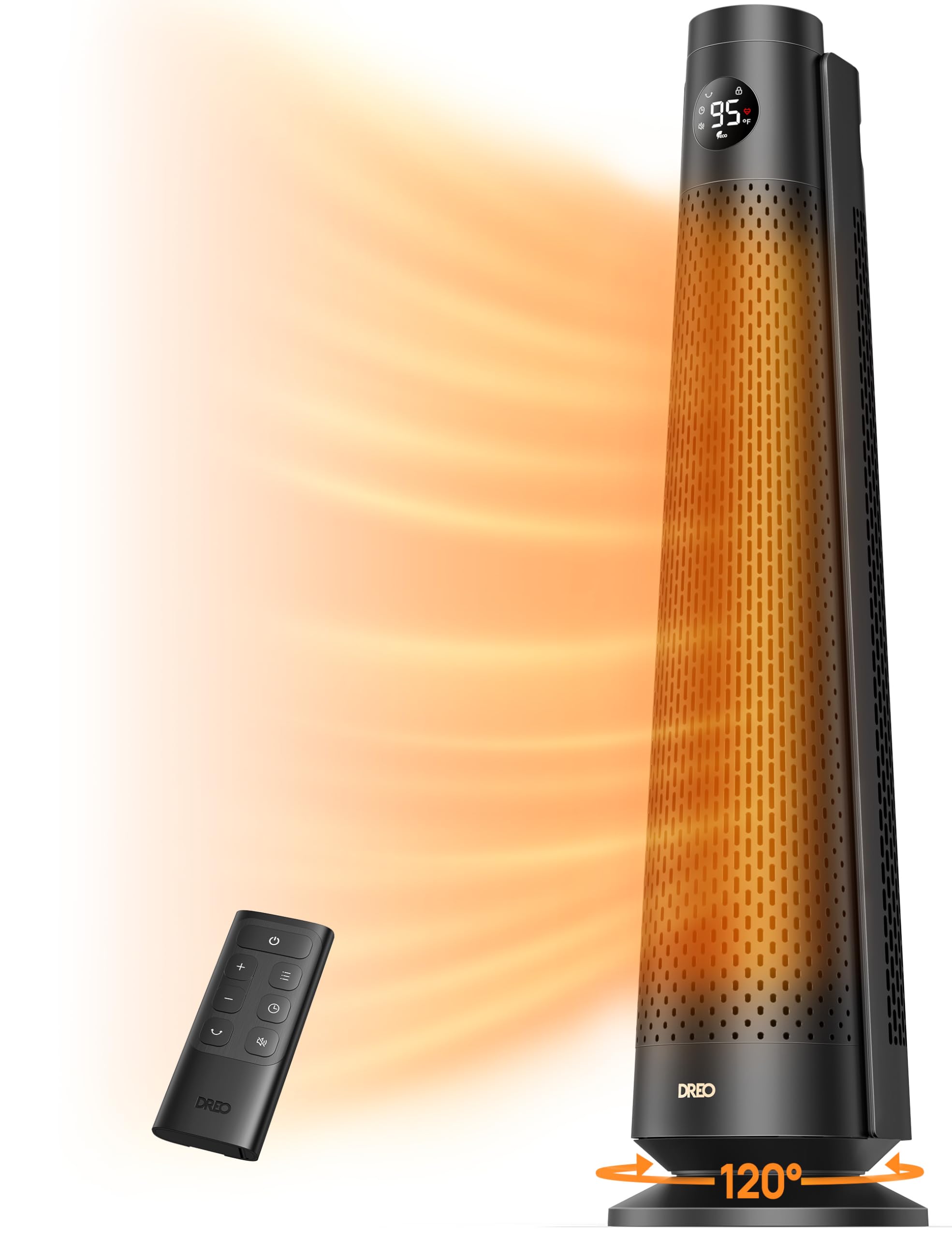 DREO 30-inch space heater front view delivering broad warmth for large rooms
