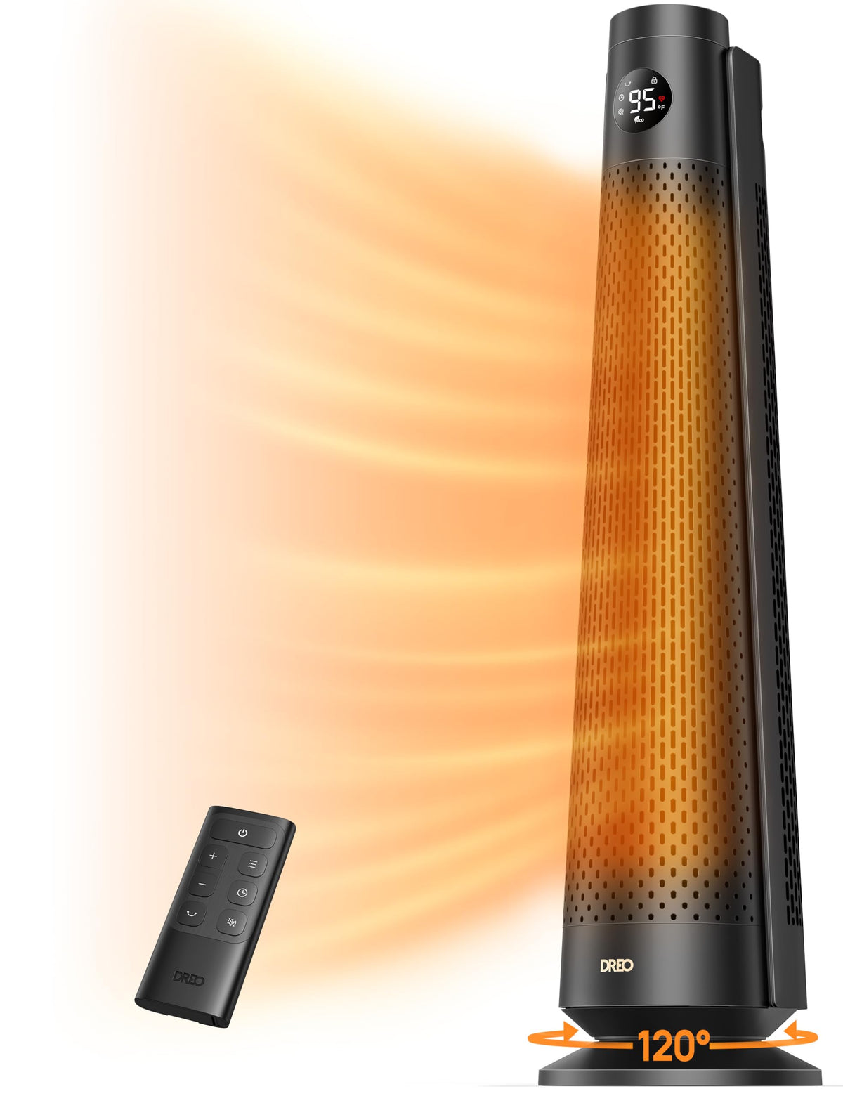 DREO 30-inch space heater front view delivering broad warmth for large rooms