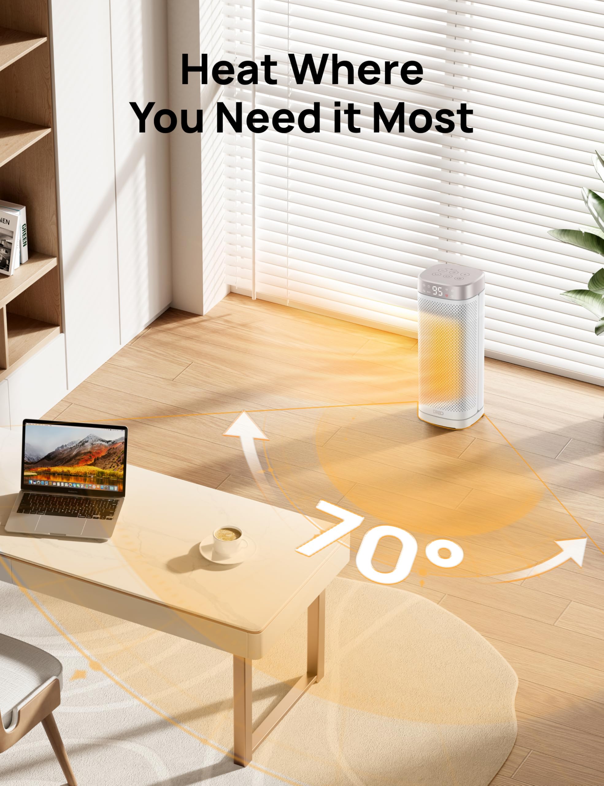 DREO heater performing 70-degree oscillation to spread warmth evenly