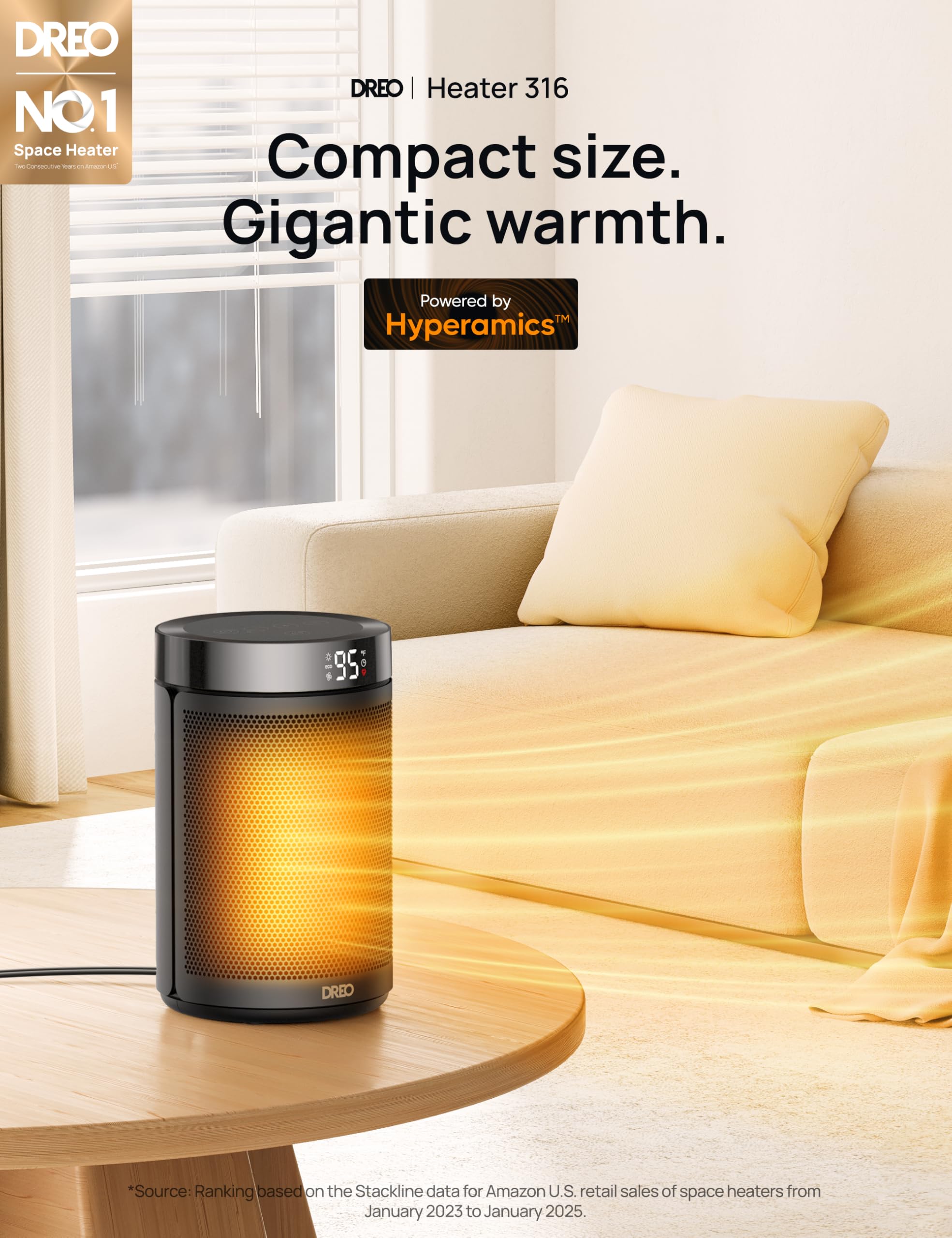 DREO space heater control panel highlights precise thermostat and simple settings.