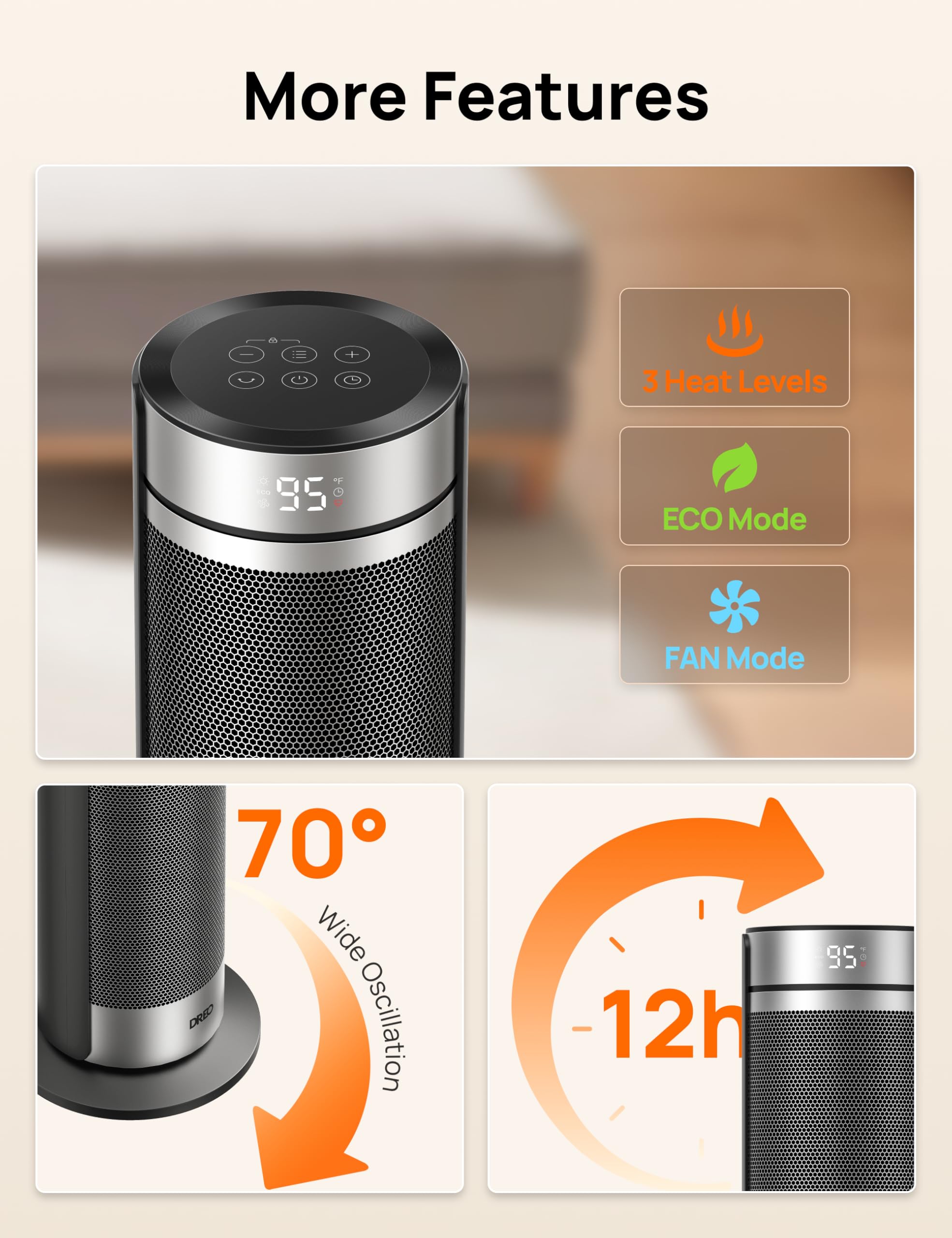 DREO cool-touch housing stays safe to touch.
