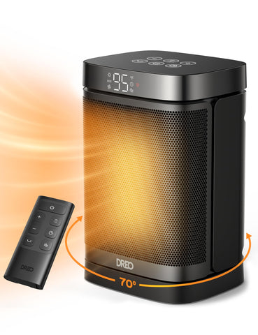 DREO space heater front view showing compact portable design