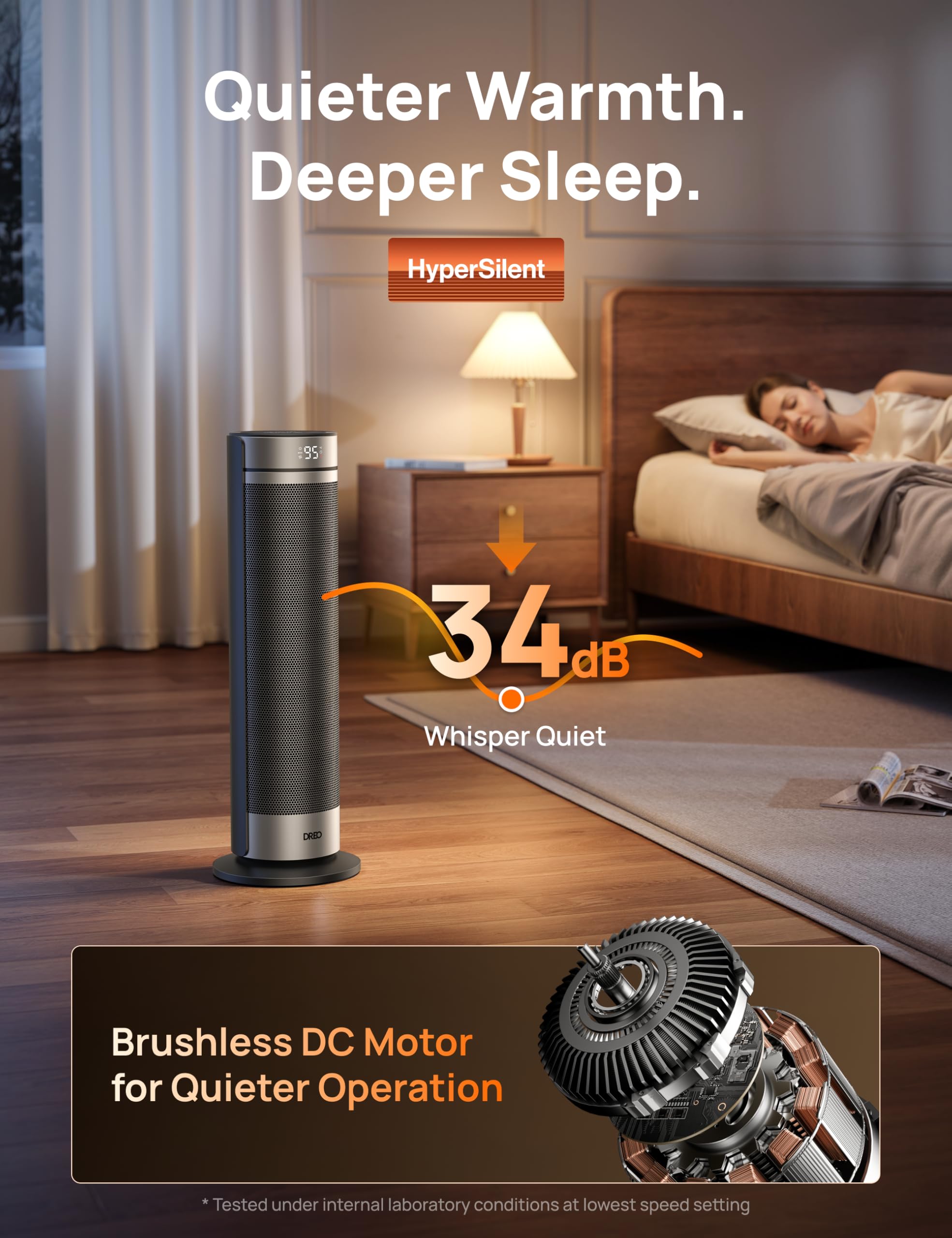DREO space heater enlarged heat plate for efficient warming.