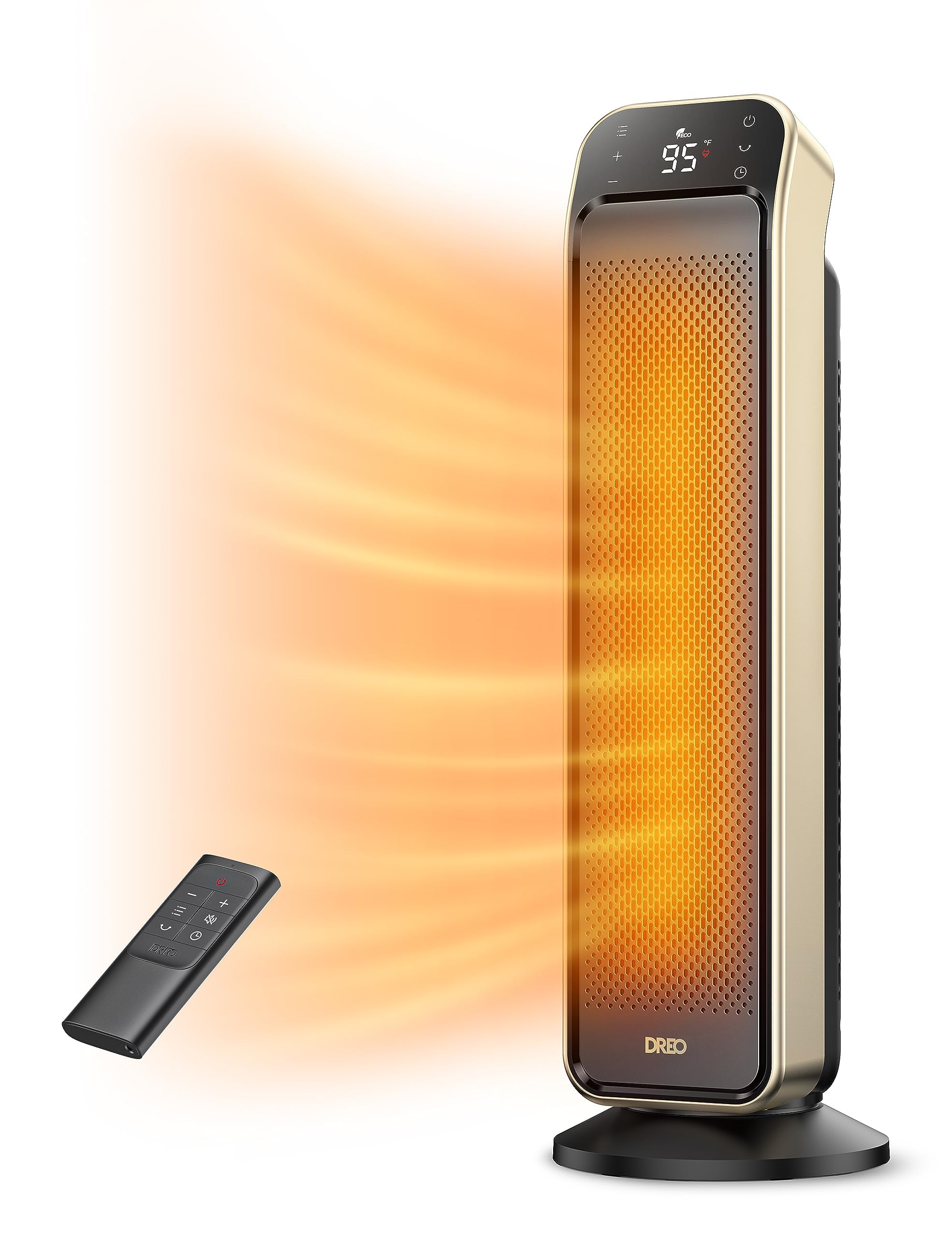 DREO space heater indoor 25-inch front view highlighting powerful warmth for large rooms