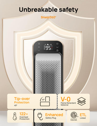 DREO space heater indoor safety features include tip-over and overheat protection