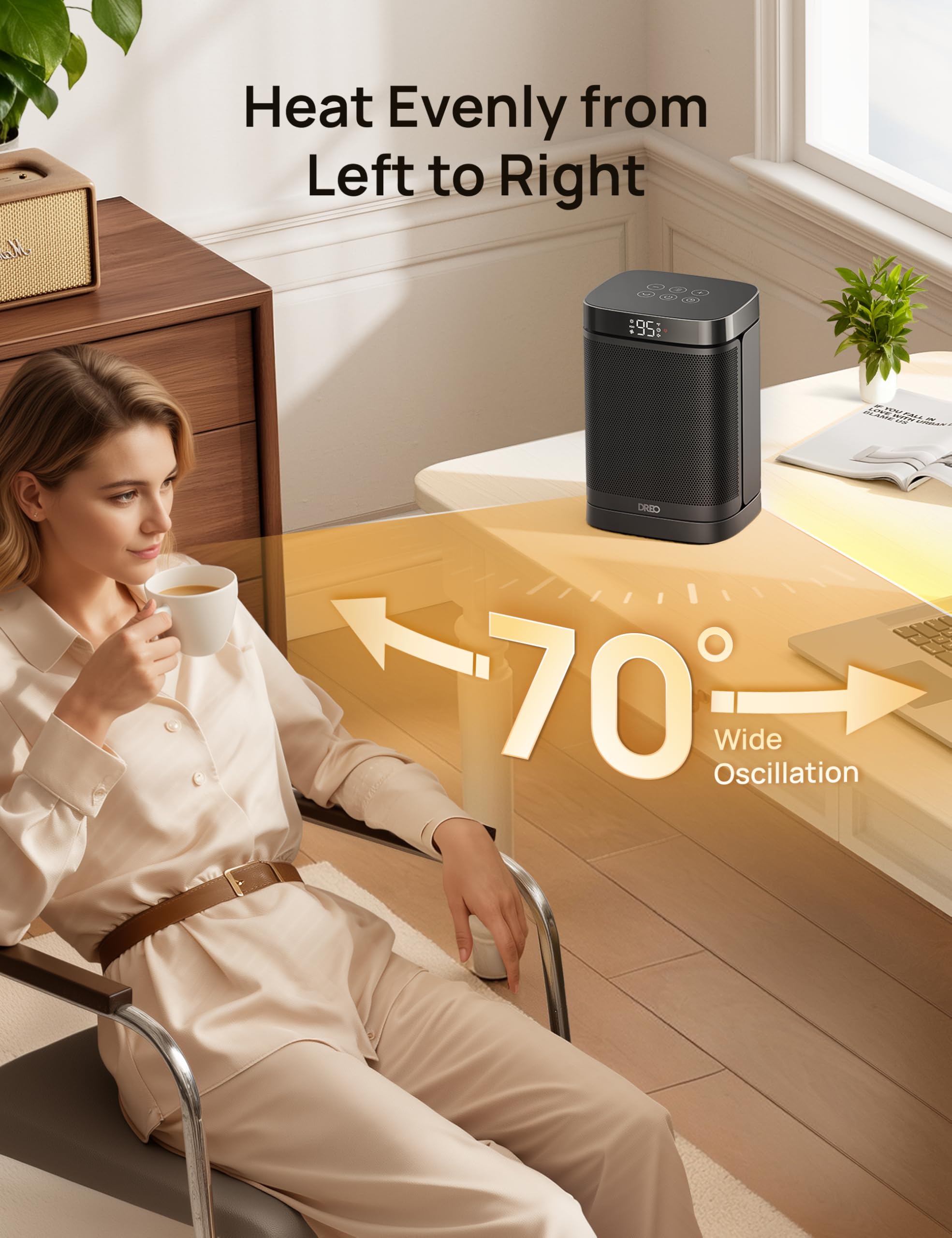 DREO space heater ideal for office or bedroom energy-saving mode