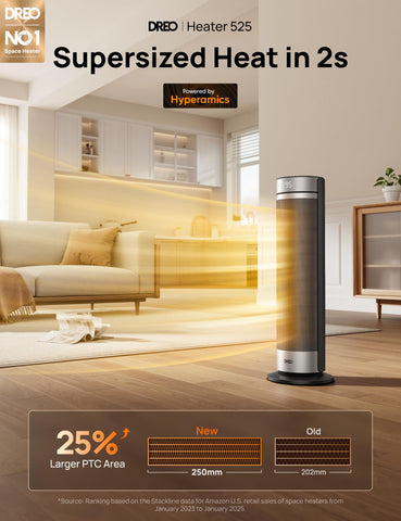 DREO space heater showing 70-degree oscillation for wide heat coverage.