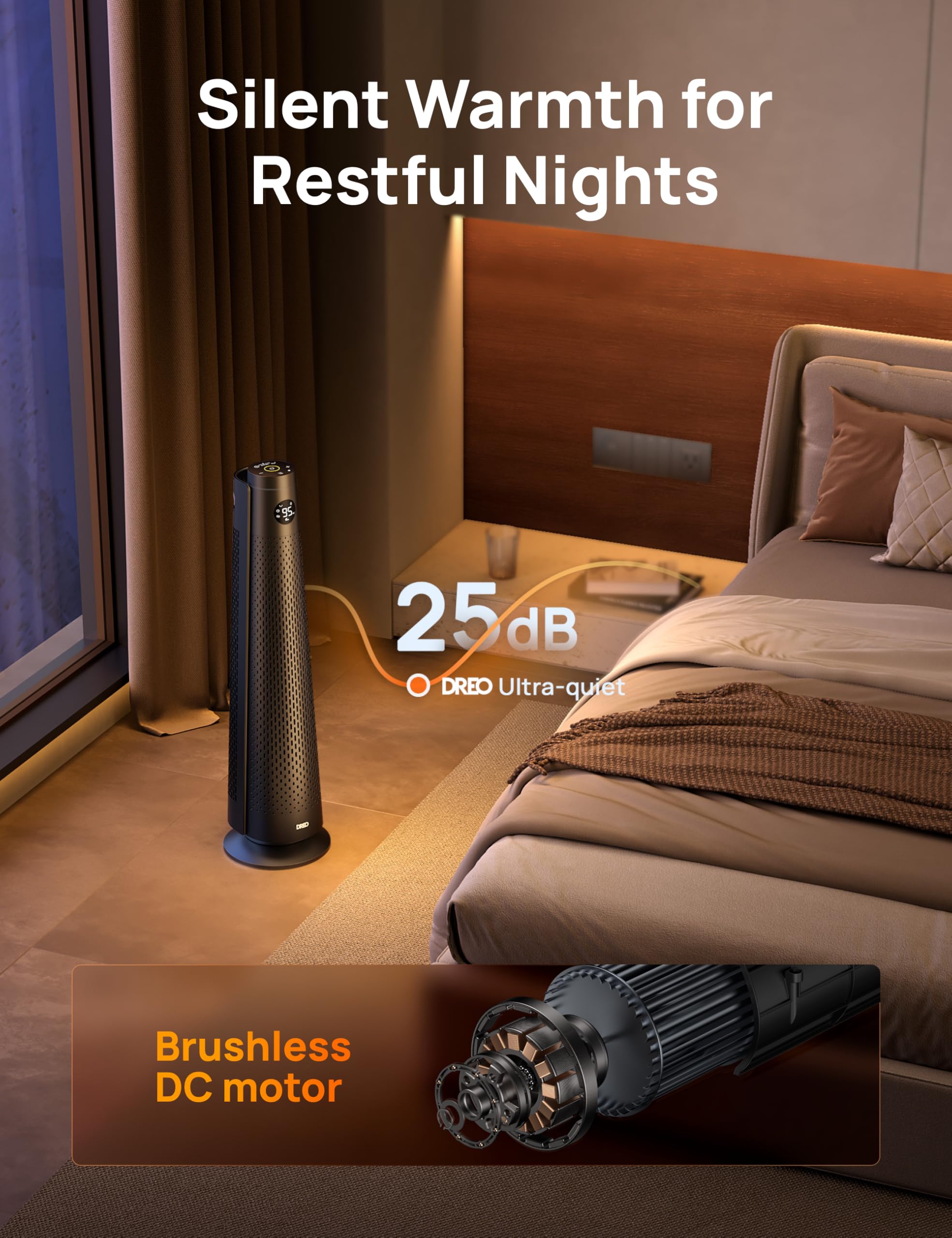 DREO oscillation modes 30°–60°–90°–120° for even heat distribution