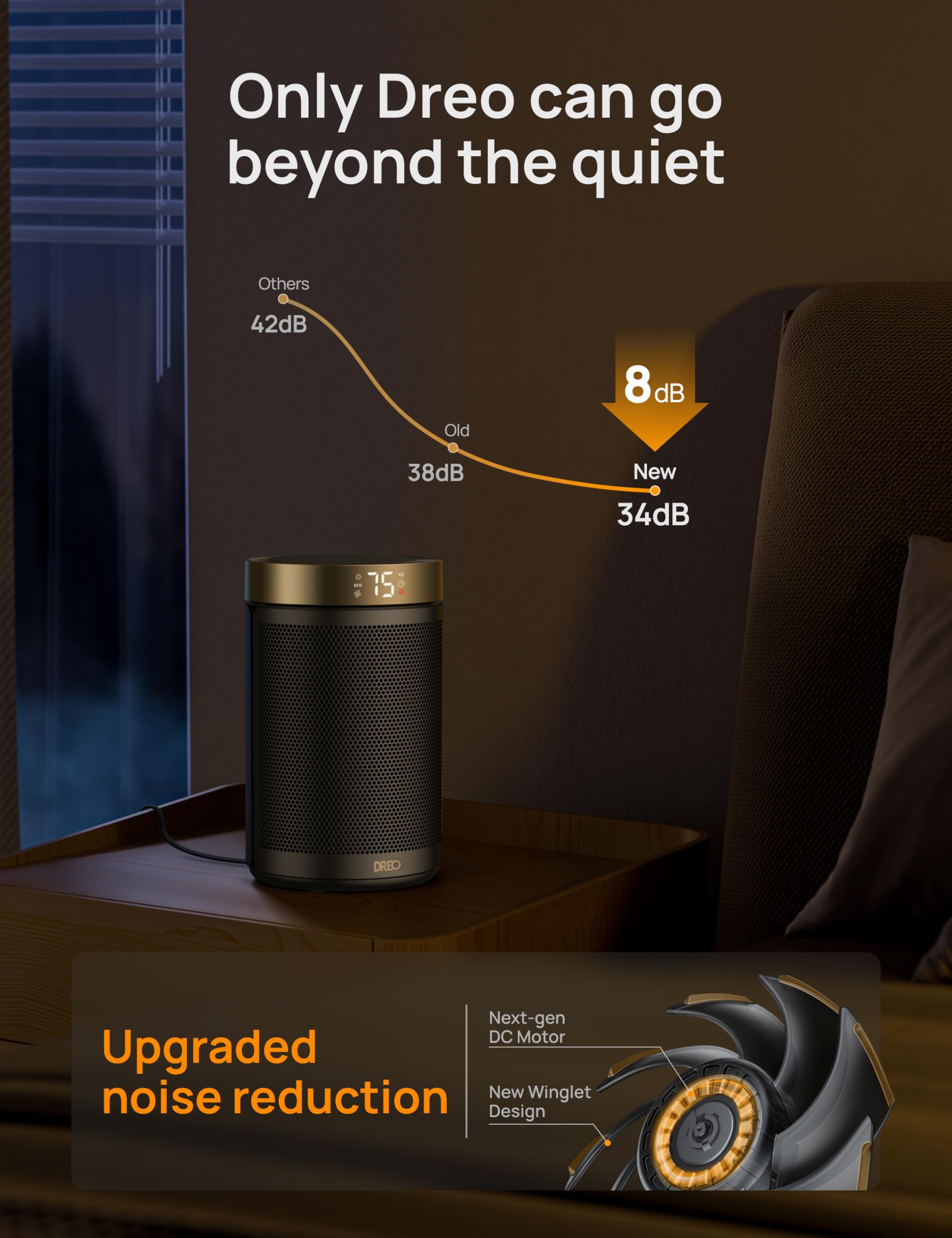 DREO space heater portable handle for easy transport around the home.
