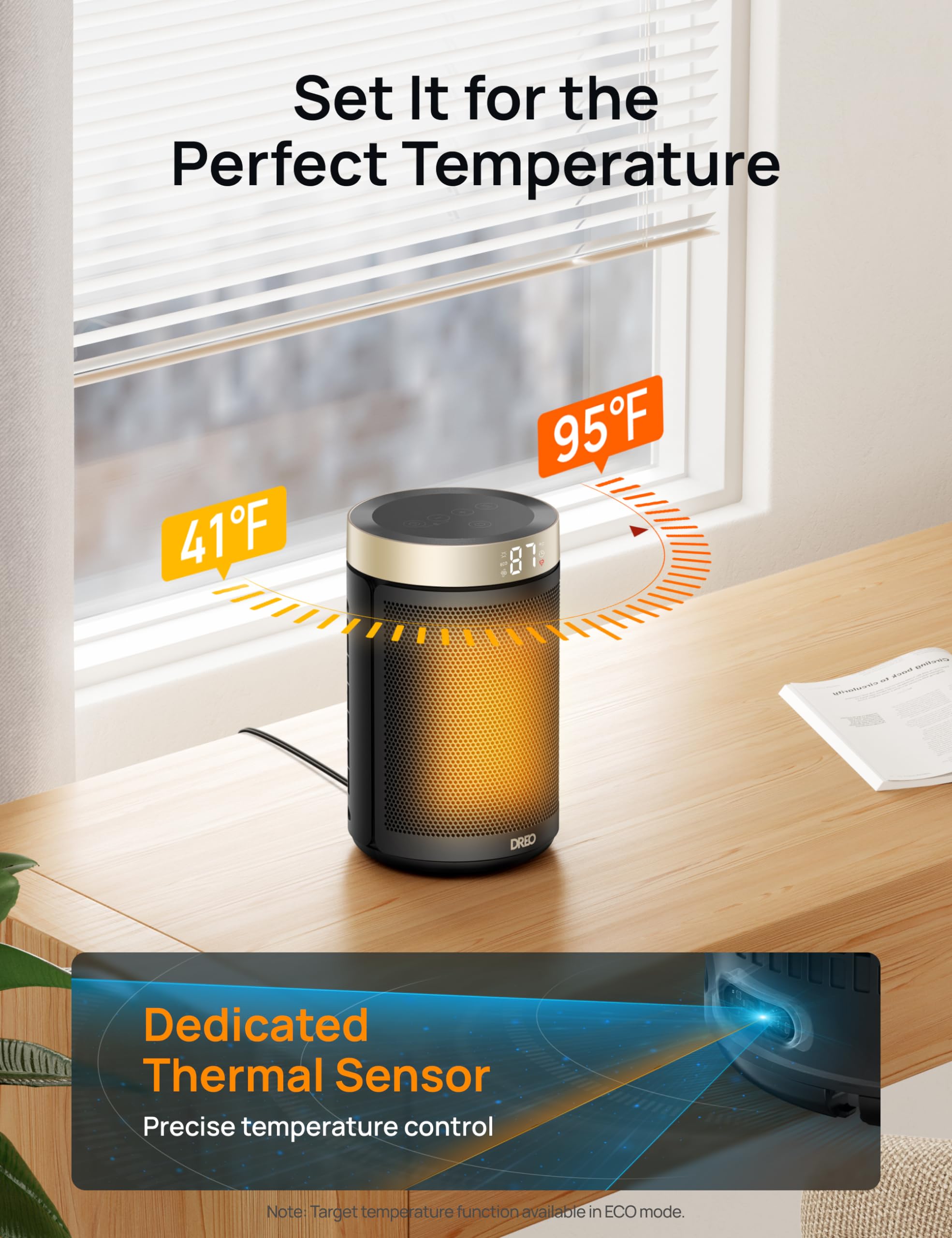 DREO space heater quiet operation with a low-noise brushless motor.