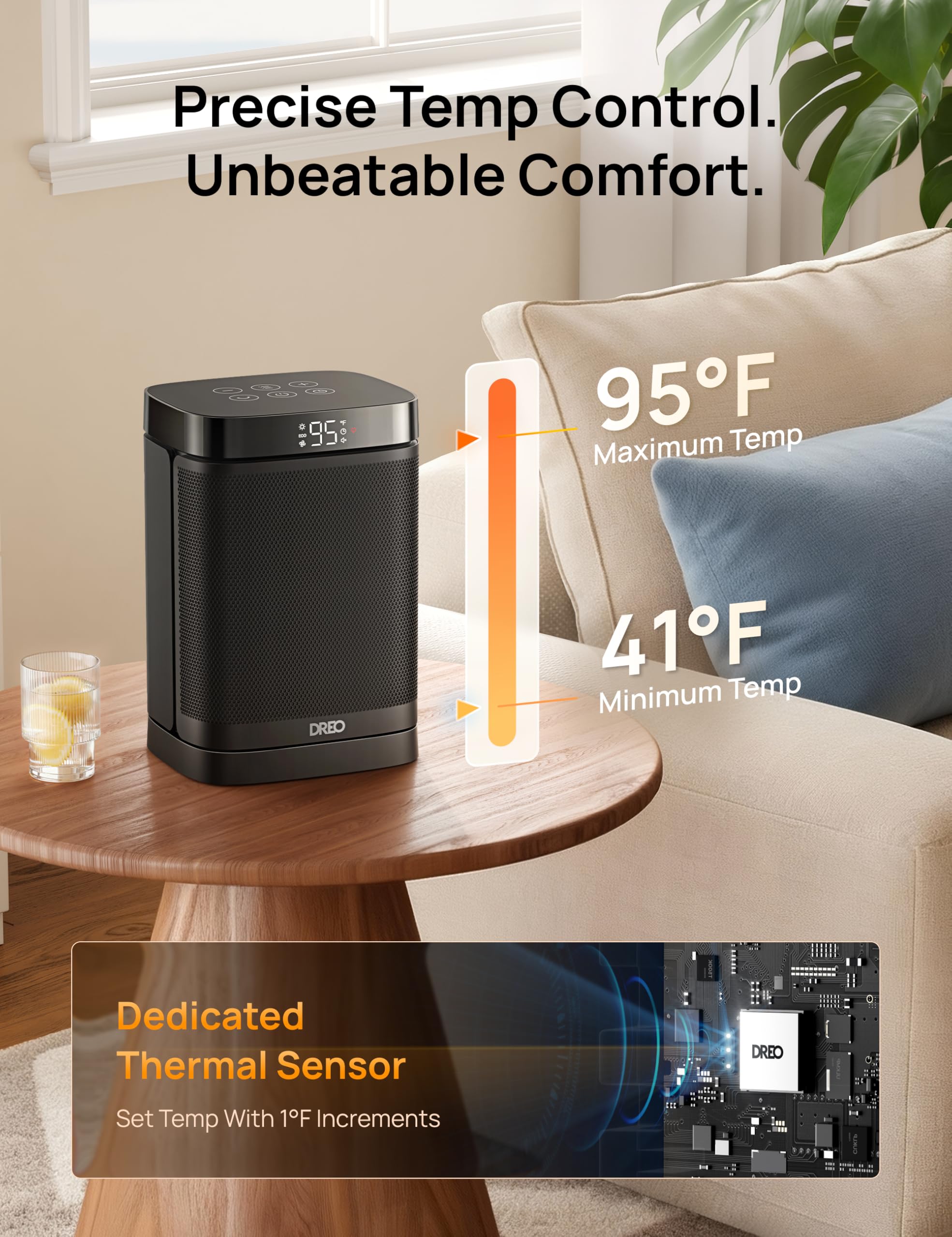 DREO space heater quiet operation with whisper-quiet airflow