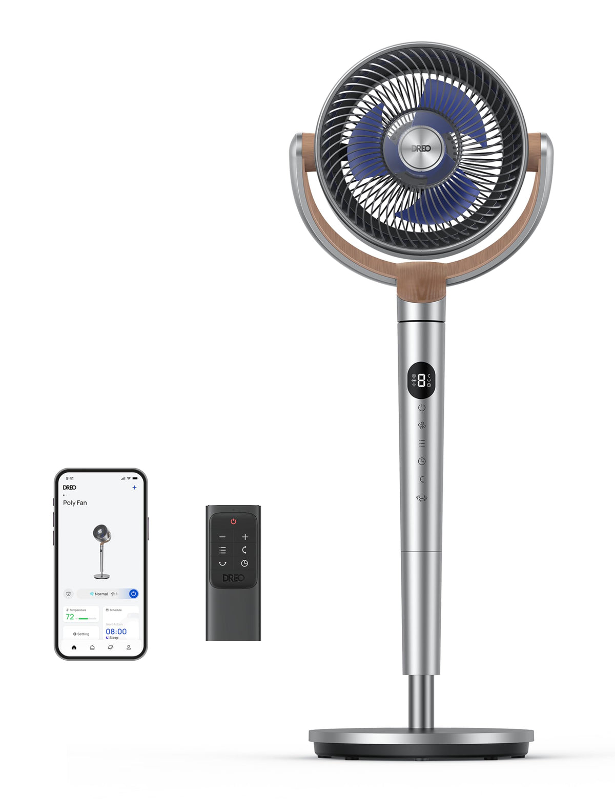 DREO standing fan showing 120° oscillation for even room cooling