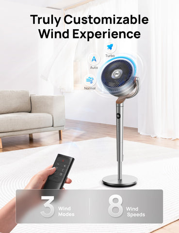 DREO fan illustrating air reach up to 90 feet with booster design